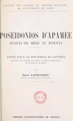 Poseidonios d'Apamée, essai de mise au point - Marie Laffranque - (Presses universitaires de France) réédition numérique FeniXX