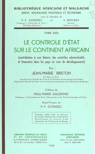 Le Contrôle d'État sur le continent africain : contribution à une théorie des contrôles administratifs et financiers dans les pays en voie de développement - Jean-Marie Breton - FeniXX réédition numérique