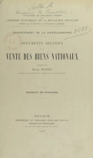 Documents relatifs à la vente des biens nationaux - Henri Martin - FeniXX réédition numérique