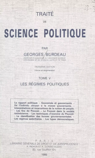 Traité de science politique (5). Les régimes politiques - Georges Burdeau - FeniXX réédition numérique