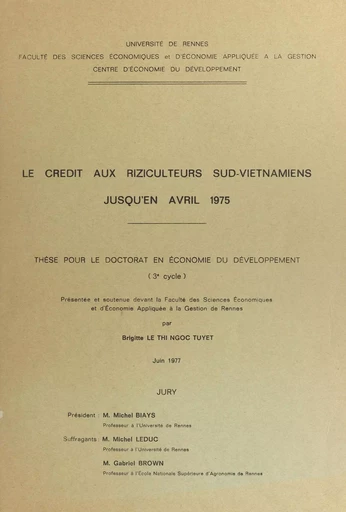 Le crédit aux riziculteurs sud-vietnamiens jusqu'en avril 1975 - Brigitte Thi Ngoc Tuyêt Lê - FeniXX réédition numérique