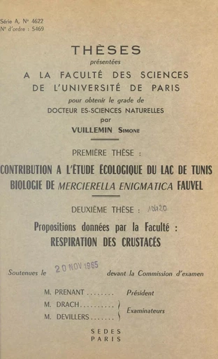 Contribution à l'étude écologique du lac de Tunis - Simone Vuillemin - (Sedes) réédition numérique FeniXX