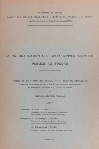 La rationalisation des choix d'investissements publics au Soudan - Abdel-Aziz Abdel-Rahim Suliman - FeniXX réédition numérique