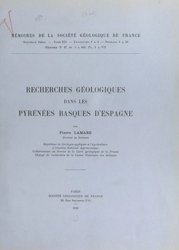 Recherches géologiques dans les Pyrénées basques d'Espagne - Pierre Lamare - FeniXX réédition numérique