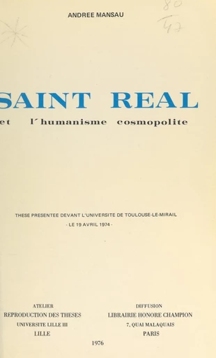 Saint Réal et l'humanisme cosmopolite - Andrée Mansau - FeniXX réédition numérique