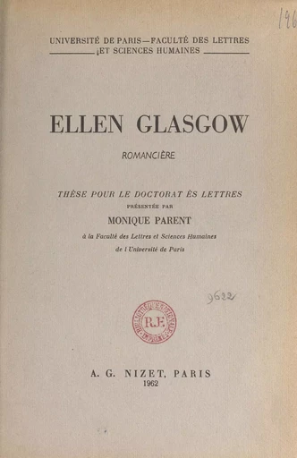 Ellen Glasgow, romancière - Monique Parent - FeniXX réédition numérique