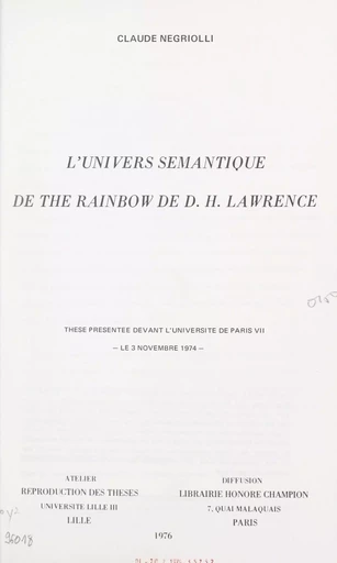 L'univers sémantique de "The Rainbow" de D.H. Lawrence - Claude Negriolli - FeniXX réédition numérique