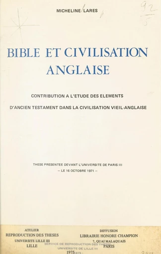 Bible et civilisation anglaise - Micheline Lares - FeniXX réédition numérique