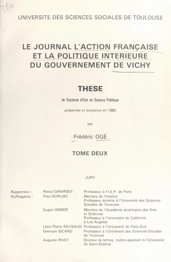 Le journal "l'Action française" et la politique intérieure du gouvernement de Vichy (2) - Frédéric Ogé - FeniXX réédition numérique