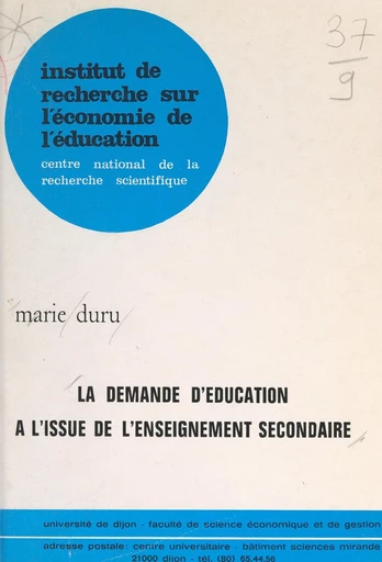 La demande d'éducation à l'issue de l'enseignement secondaire - Marie Duru - FeniXX réédition numérique