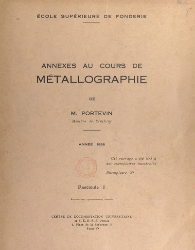 Annexes au cours de métallographie (1) - Albert Portevin - FeniXX réédition numérique