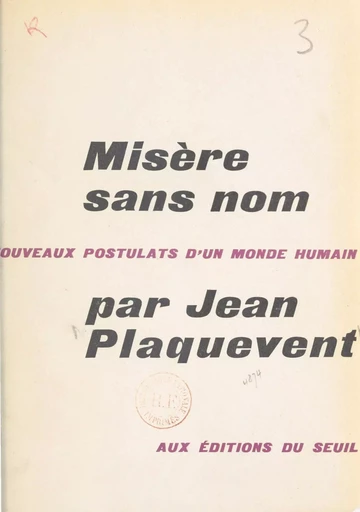 Misère sans nom - Jean Plaquevent - (Seuil) réédition numérique FeniXX