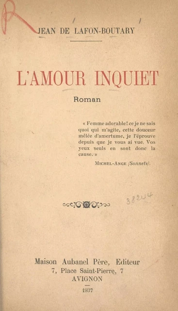 L'amour inquiet - Jean de Lafon-Boutary - (Éditions de La Martinière) réédition numérique FeniXX