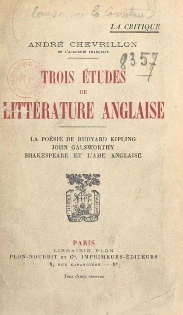 Trois études de littérature anglaise - André Chevrillon - (Plon) réédition numérique FeniXX