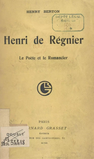 Henri de Régnier - Henry Berton - (Grasset) réédition numérique FeniXX