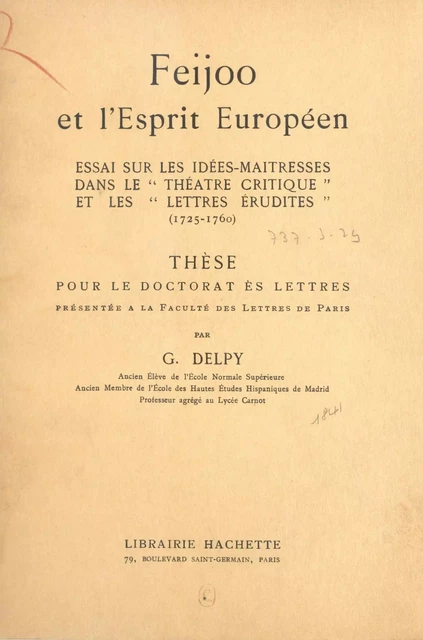 Feijoo et l'esprit européen - Gaspard Delpy - (Hachette) réédition numérique FeniXX