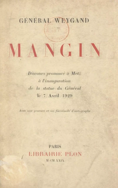 Mangin - Maxime Weygand - (Plon) réédition numérique FeniXX