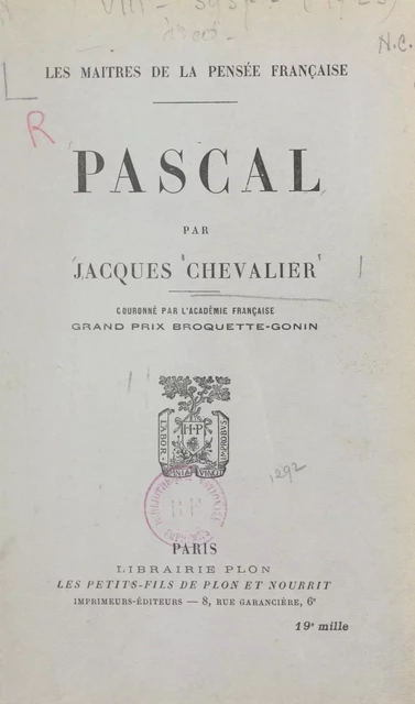 Pascal - Jacques Chevalier - (Plon) réédition numérique FeniXX