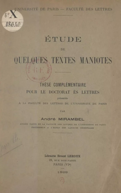 Étude de quelques textes maniotes - André Mirambel - (Presses universitaires de France) réédition numérique FeniXX