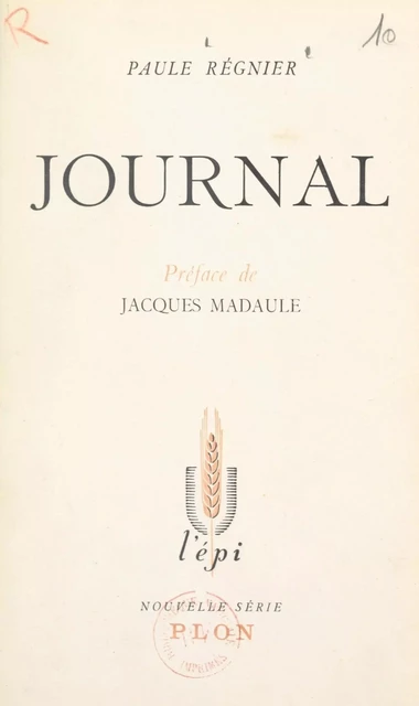 Journal - Paule Régnier - (Plon) réédition numérique FeniXX