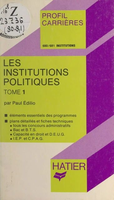 Les institutions politiques (1) - Paul Édilio - (Hatier) réédition numérique FeniXX