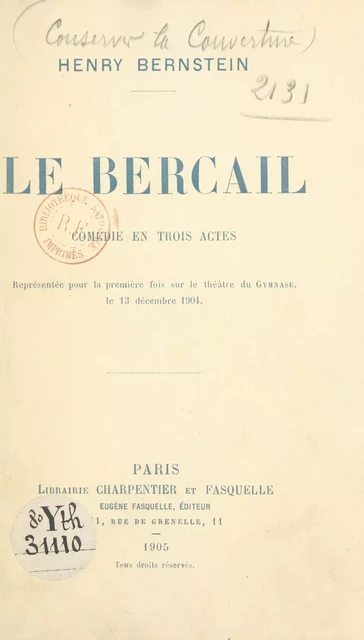 Le bercail - Henry Bernstein - (Grasset) réédition numérique FeniXX