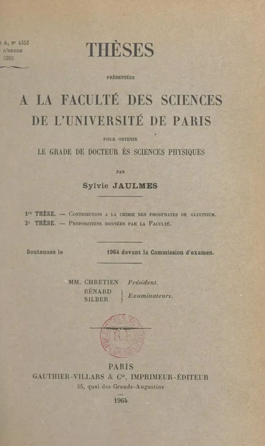 Contribution à la chimie des phosphates de glucinium - Sylvie Jaulmes - (Dunod) réédition numérique FeniXX