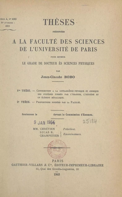 Contribution à la connaissance physique et chimique des systèmes formés par l'uranium, l'oxygène et un élément métallique - Jean-Claude Bobo - (Dunod) réédition numérique FeniXX