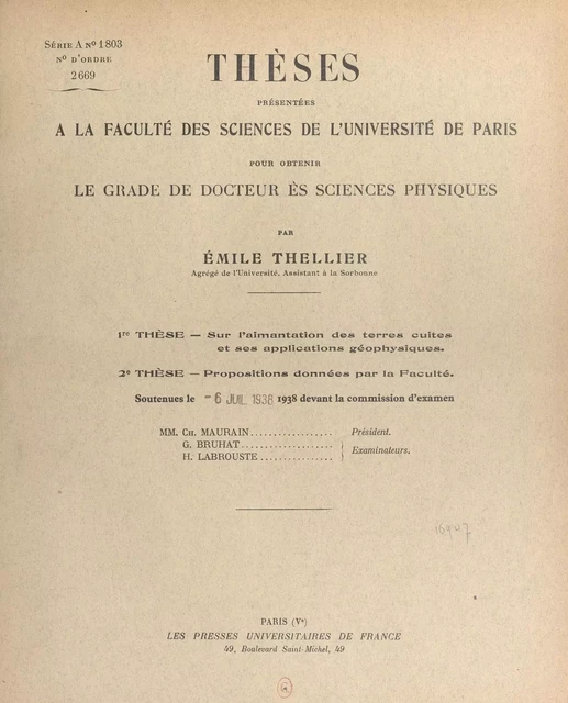 Sur l'aimantation des terres cuites et ses applications géophysiques - Émile Thellier - (Presses universitaires de France) réédition numérique FeniXX