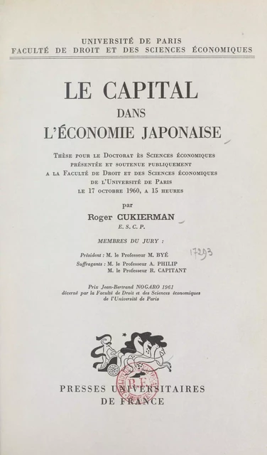 Le capital dans l'économie japonaise - Roger Cukierman - (Presses universitaires de France) réédition numérique FeniXX