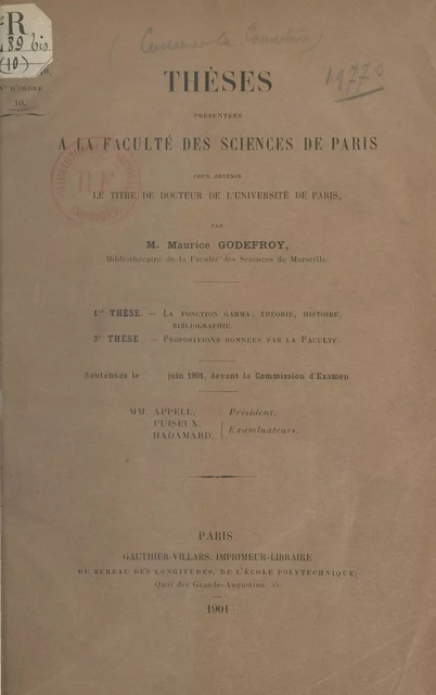 La fonction gamma : théorie, histoire, bibliographie - Maurice Godefroy - (Dunod) réédition numérique FeniXX