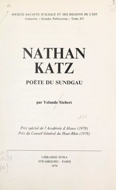 Nathan Katz, poète du Sundgau - Yolande Siebert - (Istra) réédition numérique FeniXX