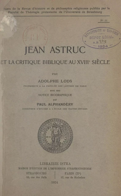 Jean Astruc et la critique biblique au XVIIIe siècle - Adolphe Lods - (Istra) réédition numérique FeniXX