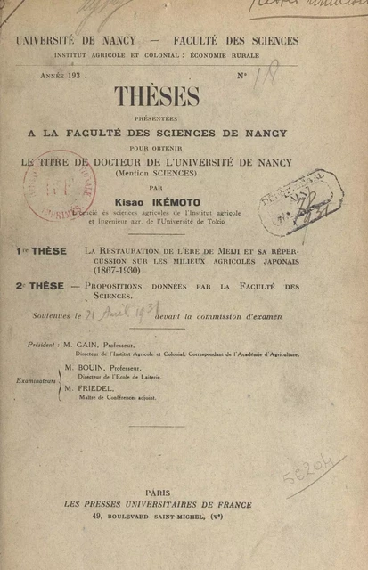 La restauration de l'ère de Meiji et sa répercussion sur les milieux agricoles japonais (1867-1930) - Kisao Ikémoto - (Presses universitaires de France) réédition numérique FeniXX