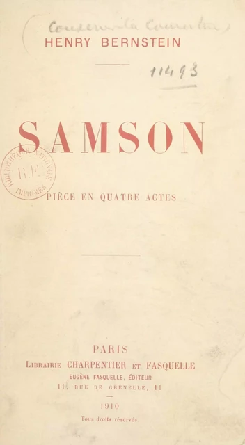 Samson - Henry Bernstein - (Grasset) réédition numérique FeniXX