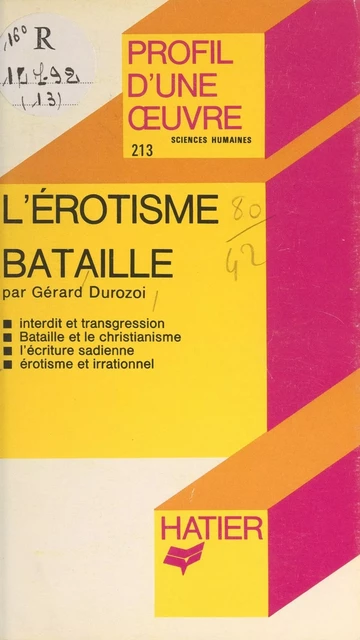 L'érotisme, de Bataille - Gérard Durozoi - Hatier (réédition numérique FeniXX)