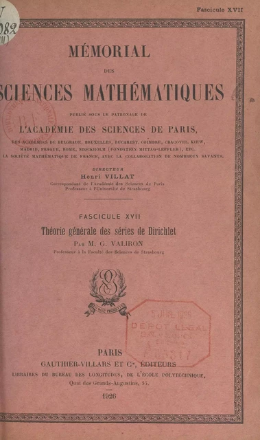 Théorie générale des séries de Dirichlet - G. Valiron - (Dunod) réédition numérique FeniXX