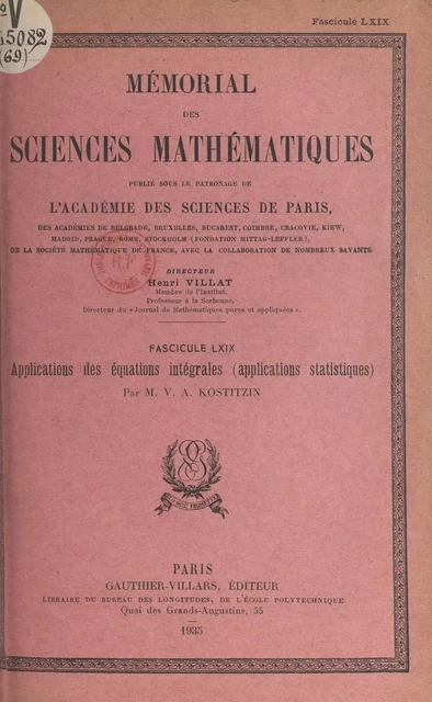 Applications des équations intégrales - Vladimir Aleksandrovič Kostitzin - (Dunod) réédition numérique FeniXX