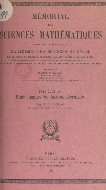 Points singuliers des équations différentielles - Henri Dulac - (Dunod) réédition numérique FeniXX