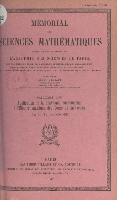 Application de la gravifique einsteinienne à l'électrodynamique des corps en mouvement - Théophile de Donder - (Dunod) réédition numérique FeniXX