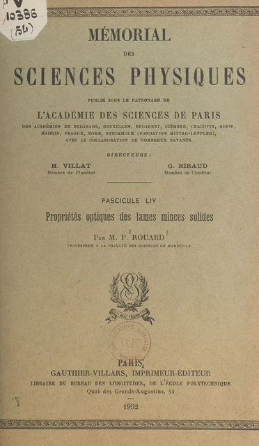 Propriétés optiques des lames minces solides - Pierre Rouard - (Dunod) réédition numérique FeniXX