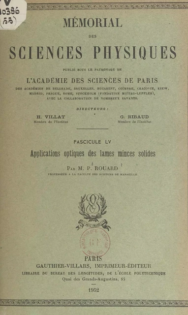 Applications optiques des lames minces solides - Pierre Rouard - (Dunod) réédition numérique FeniXX