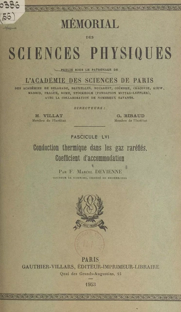 Conduction thermique dans les gaz raréfiés, coefficient d'accommodation - Fernand-Marcel Devienne - (Dunod) réédition numérique FeniXX