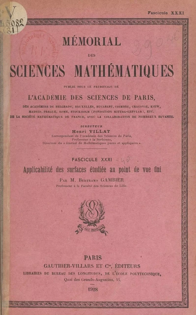 Applicabilité des surfaces étudiée au point de vue fini - Bertrand Gambier - (Dunod) réédition numérique FeniXX