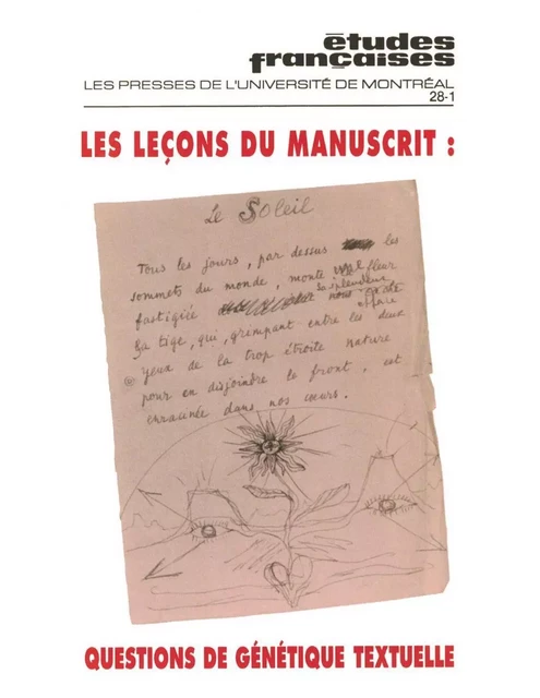 Études françaises. Volume 28, numéro 1, automne 1992 - Jacinthe Martel, Alain Carbonneau, Louis Hay, Michel Espagne, Robert Melançon, Jacques Neefs, Bernard Brun, Michel Collot, Francis Ponge, Marcel Olscamp, Monique Moser-Verrey - Les Presses de l’Université de Montréal - Études françaises