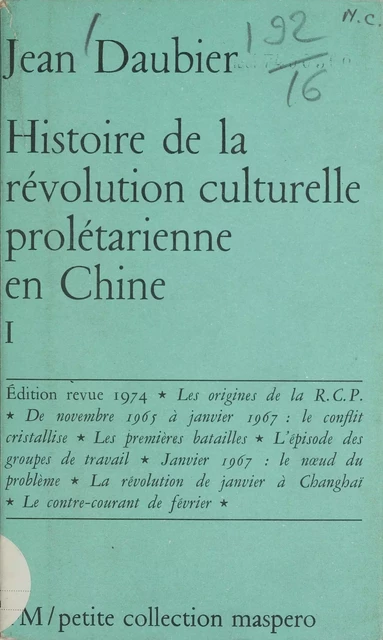 Histoire de la révolution culturelle prolétarienne en Chine (1) - Jean Daubier - (La Découverte) réédition numérique FeniXX