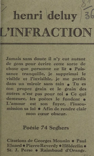 L'infraction - Henri Deluy - Seghers (réédition numérique FeniXX)