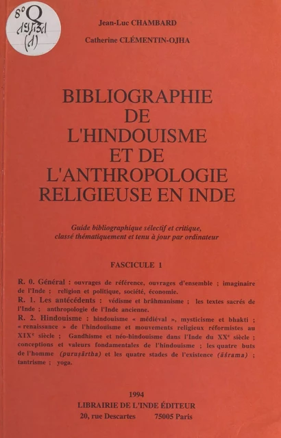 Bibliographie de l'hindouisme et de l'anthropologie religieuse en Inde (1) - Jean-Luc Chambard - FeniXX réédition numérique