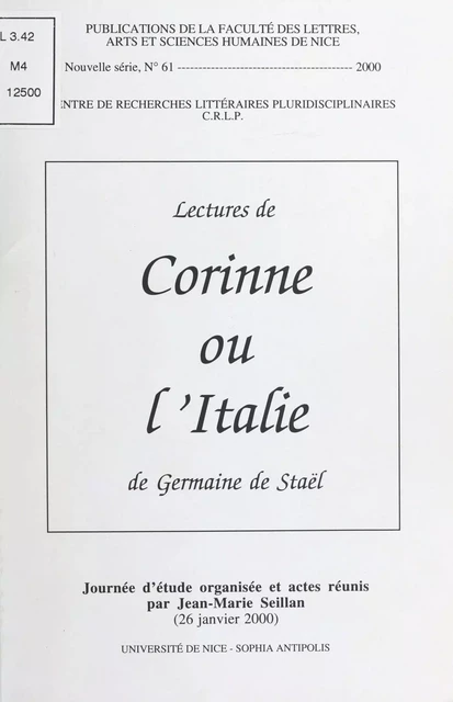 Lectures de Corinne ou l'Italie de Germaine de Staël - Jean-Marie Seillan,  Centre de recherches littéraires et pluridisciplinaires - FeniXX réédition numérique