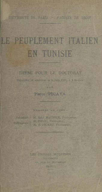 Le peuplement italien en Tunisie - Pierre Ficaya - FeniXX rédition numérique